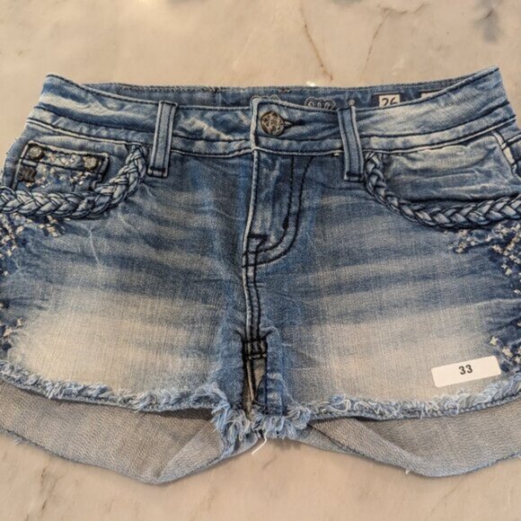 #33 Miss Me Distressed Denim Shorts with Floral Embellishments - Size 26 - Picture 1 of 5